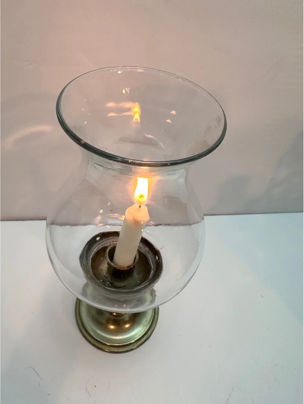 Vintage Hurricane Lamp Clear Glass Shade Brass Base Brown Wood Pedestal.
